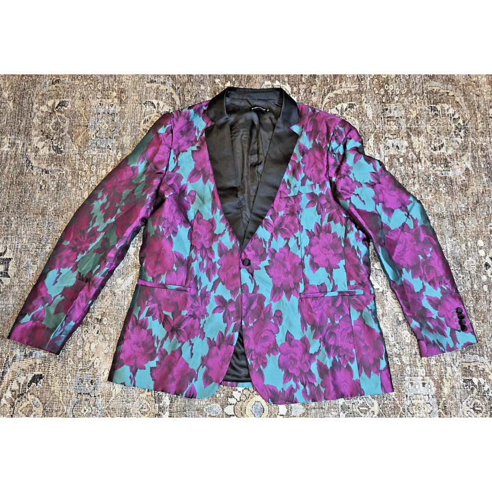 Barry Wang Purple Blue Floral Suit Jacket Men’s XL 1 Button Blazer Party Wedding